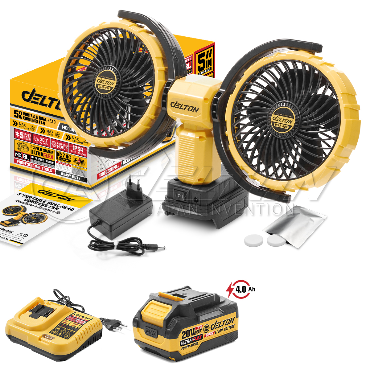 พัดลมไร้สาย 2 หัว 5 นิ้ว (พร้อมแบตเตอรี่) DELTON รุ่น DFM-09X ULTRAFLEX 20V 4AH_1